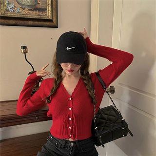 Plain V-neck Single-breasted Slim-fit Long-sleeve Sweater