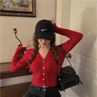 Plain V-neck Single-breasted Slim-fit Long-sleeve Sweater