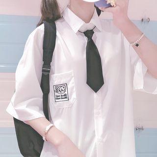 Set: Elbow-sleeve Embroidered Shirt + Tie Shirt - White - One Size / Tie - Black - One Size