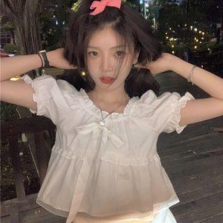 Puff-sleeve Ruffled Crop Top White - One Size