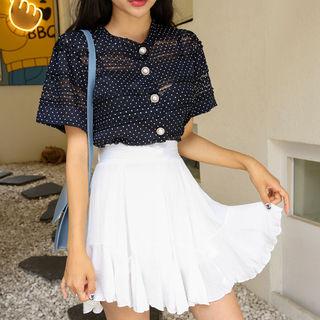 Faux-pearl Button Dotted Lace Blouse