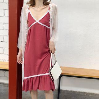 V-neck Lace Trim Spaghetti Strap Dress / Open-front Jacket