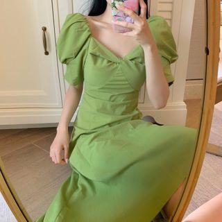 Puff-sleeve Knotted Slim Fit Dress