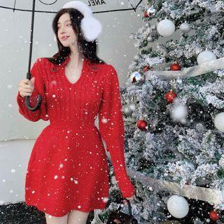 Long-sleeve Plain Slim-fit Knit Dress Red - One Size