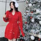 Long-sleeve Plain Slim-fit Knit Dress Red - One Size