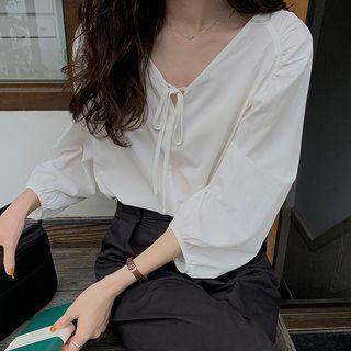 Long-sleeve V-neck Plain Tie-strap Shirt