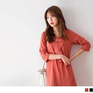 3/4 Sleeve Beaded Neckline Ruffled Shift Dress