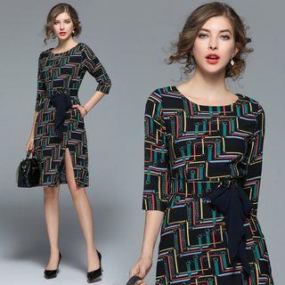 3/4-sleeve Bow-accent Geometric Dress