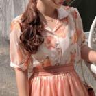 Floral Print Short-sleeve Chiffon Shirt Tangerine - One Size