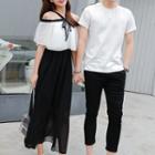 Couple Matching Off-shoulder Short-sleeve Midi Dress / Contrast Trim Short-sleeve T-shirt