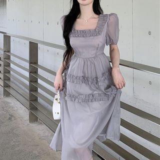 Puff-sleeve Square Neck Ruffled Midi A-line Dress