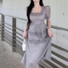 Puff-sleeve Square Neck Ruffled Midi A-line Dress