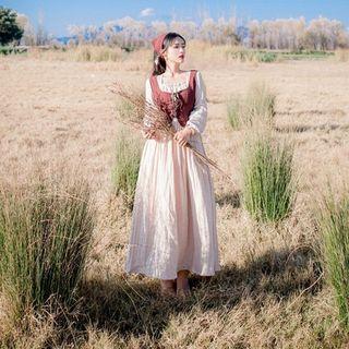 Set: Long-sleeve Midi A-line Dress + Lace-up Vest + Headscarf