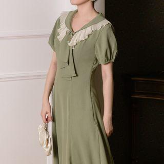 Puff-sleeve Frill Trim Faux Pearl-accent Mock-tie Midi A-line Dress
