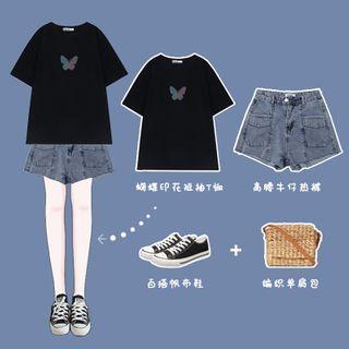 Short-sleeve Butterfly Print T-shirt / Washed Denim Shorts