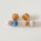 Resin Pom Pom Dangle Earring 1 Pair - Silver Stud - White & Blue & Almond - One Size