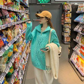 Polo-neck Cable-knit Zip-front Sweater