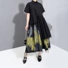 Short-sleeve Print Panel Midi Shirt Dress Black - One Size