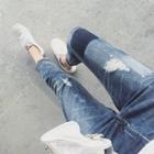Distressed Patchwork Cropped Jeans