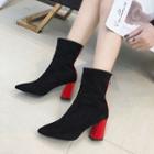 Fabric Color Panel Back-zip Pointed Chunky Heel Short Boots