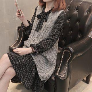Set: Plain Sweater Vest + Long-sleeve Midi A-line Dress