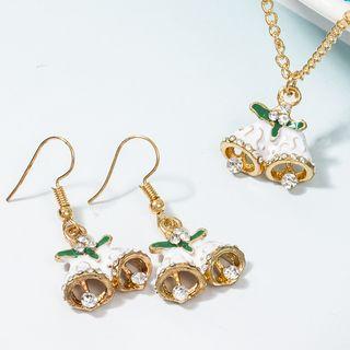 Set: Rhinestone Christmas Bell Pendant Necklace + Dangle Earring Set Of 2 - Gold & White - One Size