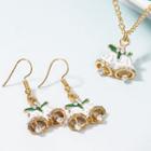 Set: Rhinestone Christmas Bell Pendant Necklace + Dangle Earring Set Of 2 - Gold & White - One Size