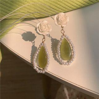 Flower Faux Pearl Faux Cat Eye Stone Drop Earring