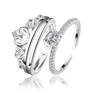 Rhinestone Crown Open Ring 1 Pair - Open Ring - White Gold - One Size