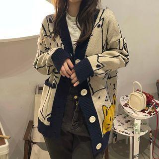 Long-sleeve Cat Printed V-neck Knit Cardigan Cardigan - One Size