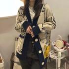 Long-sleeve Cat Printed V-neck Knit Cardigan Cardigan - One Size
