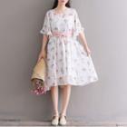 Set: Floral Print Short-sleeve A-line Chiffon Dress + Strappy Dress