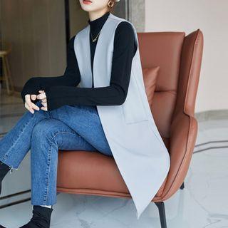 Open Front Long Vest / Tie-neck Blouse / Set