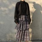 Mock Neck Sweatshirt / Plaid Midi A-line Tiered Skirt