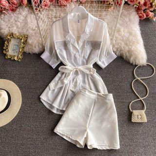 Set: Short Sleeve Sheer Shirt + Shorts