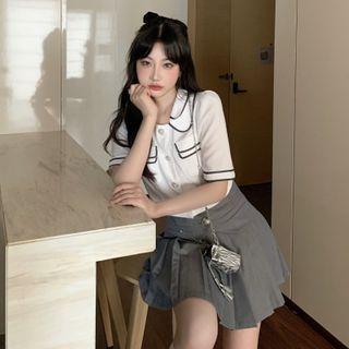 Contrast Trim Short-sleeve Shirt / Pleated Mini A-line Skirt
