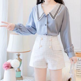 Set: Long-sleeve Chiffon Blouse + High-waist Shorts