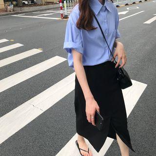 Striped Elbow-sleeve Shirt / Slit Midi Straight Fit Skirt