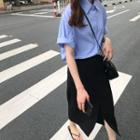 Striped Elbow-sleeve Shirt / Slit Midi Straight Fit Skirt