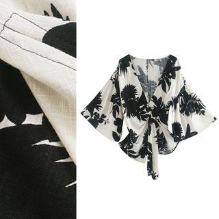 Twist Bell-sleeve Floral Print Blouse