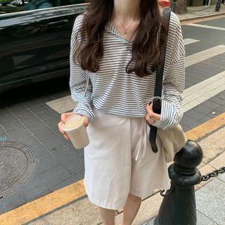 Striped Long-sleeve Hoodie/ High Waist Shorts