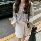 Striped Long-sleeve Hoodie/ High Waist Shorts
