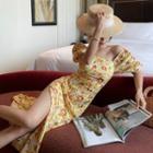 Puff-sleeve Off-shoulder Floral Print Midi Sheath Dress