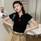 Short-sleeve Cartoon Embroidered T-shirt Black - One Size