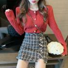 Twist Cardigan / Plaid A-line Skirt