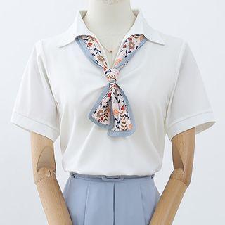 Elbow-sleeve Open-collar Floral Print Tie Blouse