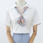 Elbow-sleeve Open-collar Floral Print Tie Blouse