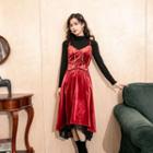 Lace Hem Midi A-line Velvet Pinafore Dress