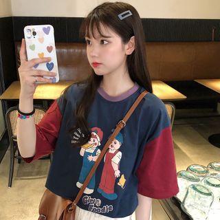 Contrast Color Cartoon Print Short-sleeve T-shirt