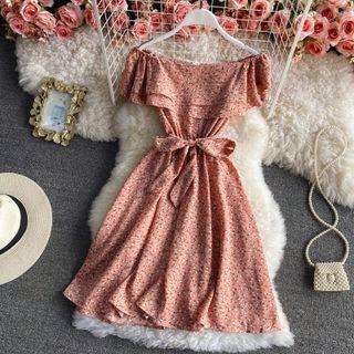 Off-shoulder Ruffle Floral Print Chiffon Dress